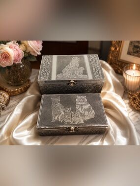 NIB Embossed Silver-Tone Cat & Dog Nesting Jewelry Trinket Boxes - Set of 2